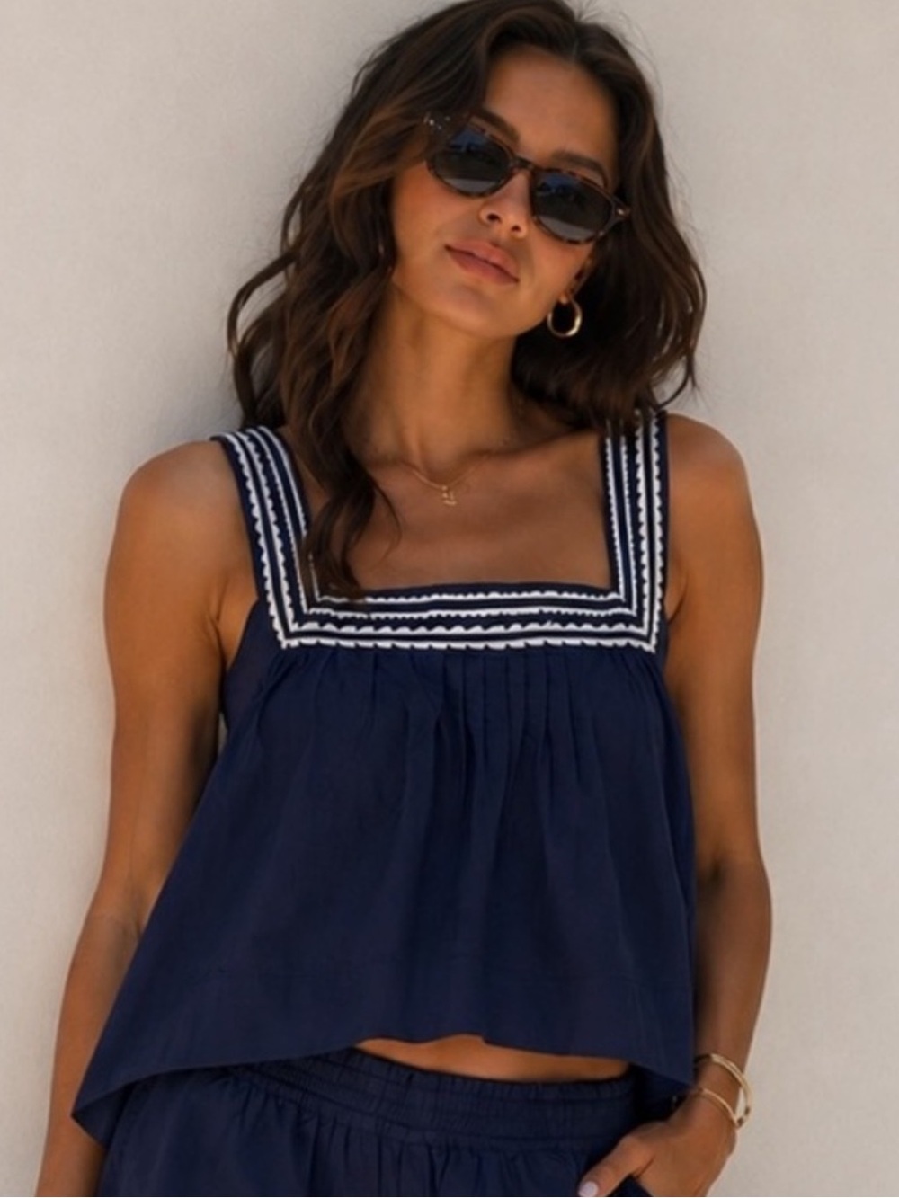 Caroline Constas Embroidered Trim Navy Crop Tank Swing Top, Large